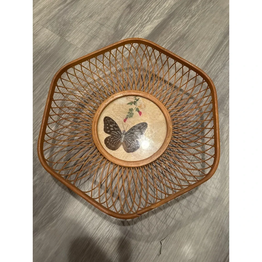 Vintage Woven Wicker Butterfly Basket Bamboo Serving Tray Boho Decor